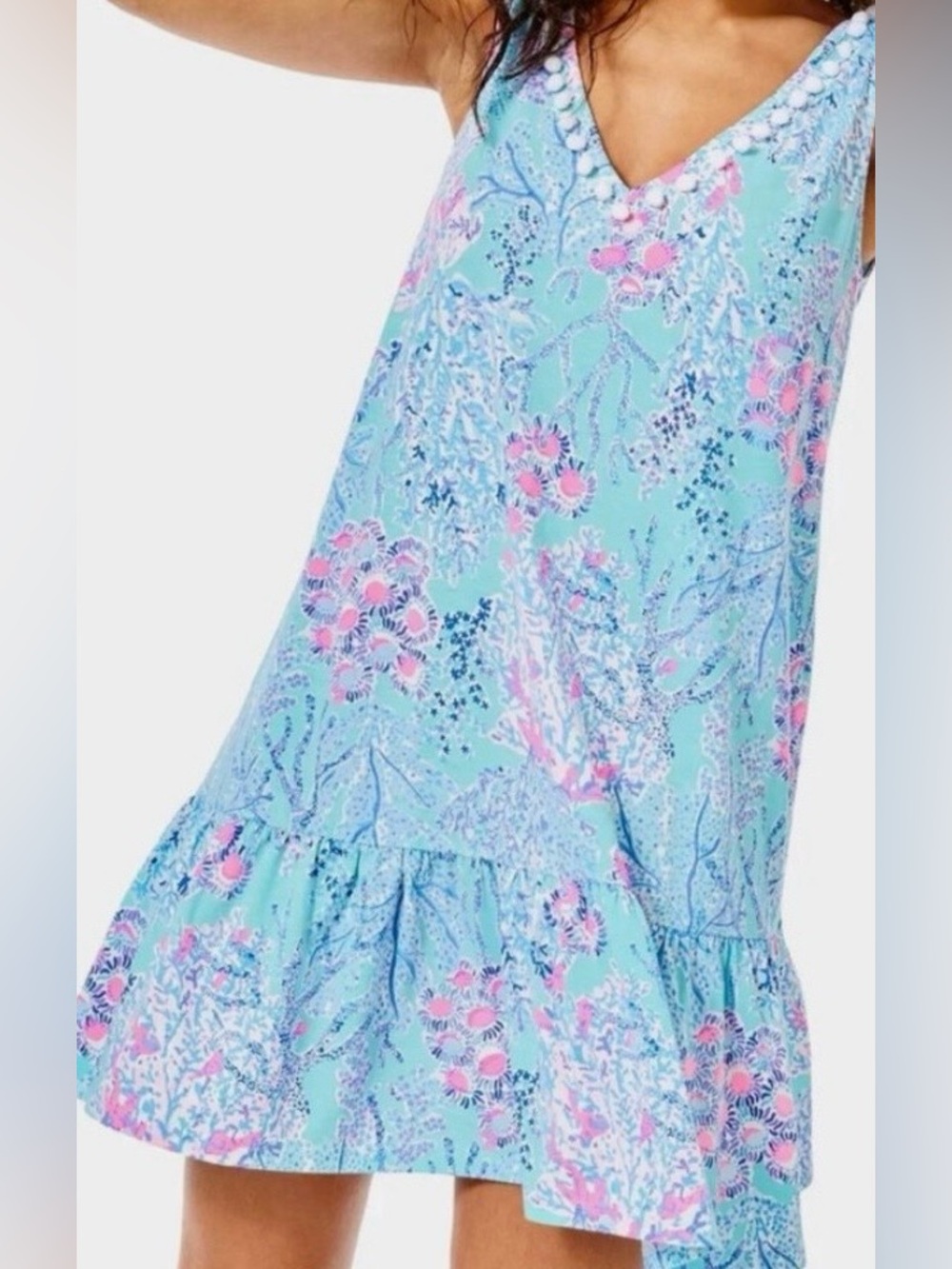 Lilly Pulitzer Camilla Swing Dress Pom Pom V Neck Blue Ibiza Now You Sea Me S